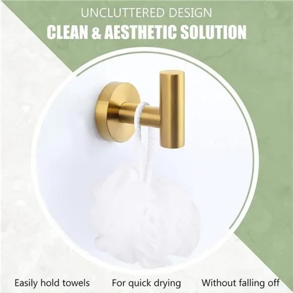 Towel Hook 2 PCS, Stainless Steel Bath Towel Robe Coat Holder, Brushed Gold